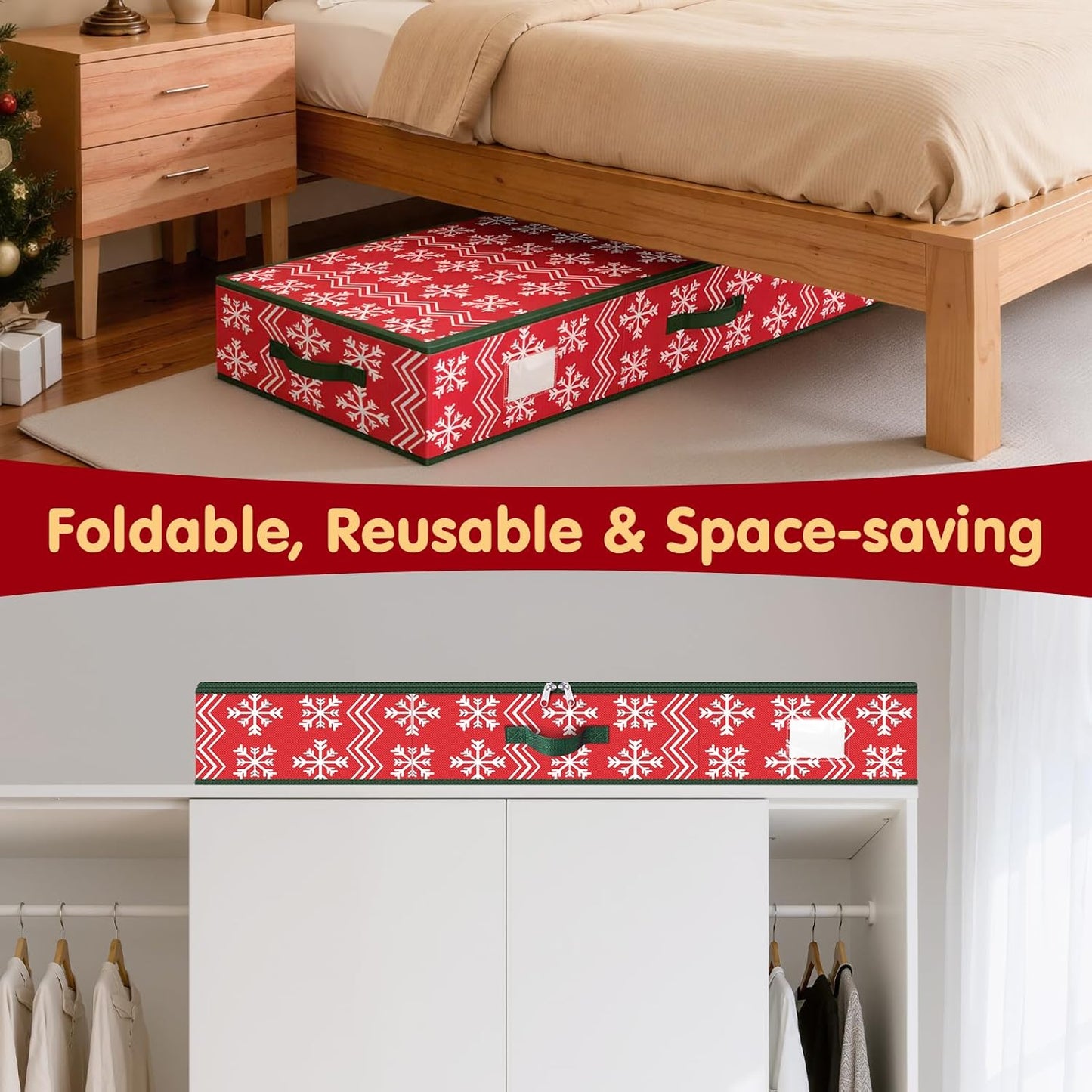 Skiennix Christmas Wrapping Paper Organizer - Flexible Partition & Pockets for Holiday Storage | Red Wave & Snowflake Design