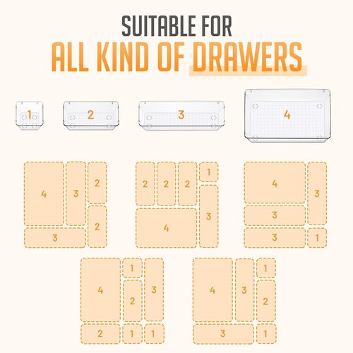 Masirs Clear Drawer Organizers Set - 25 PCS Modular Plastic Storage Bins for Desk, Kitchen & Bathroom