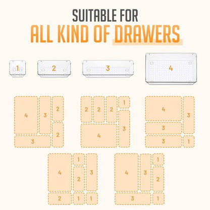 Masirs Clear Drawer Organizers Set - 25 PCS Modular Plastic Storage Bins for Desk, Kitchen & Bathroom