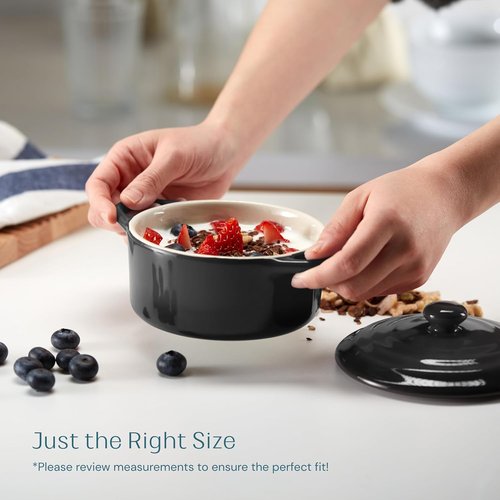 Kook Ceramic Mini Cocotte Set - Small Casserole Dishes with Lids | Oven & Microwave Safe, 12 oz, Set of 4 (Black)