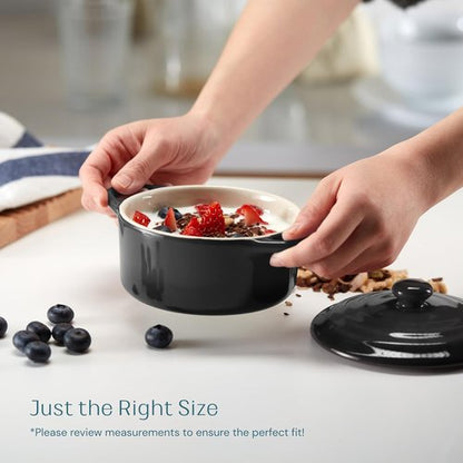 Kook Ceramic Mini Cocotte Set - Small Casserole Dishes with Lids | Oven & Microwave Safe, 12 oz, Set of 4 (Black)