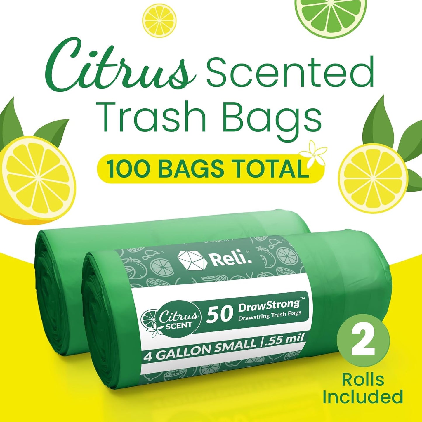 Reli. Citrus Scented Drawstring Trash Bags - 4 Gallon, 100 Count | Ideal for Bathroom Use