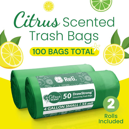 Reli. Citrus Scented Drawstring Trash Bags - 4 Gallon, 100 Count | Ideal for Bathroom Use