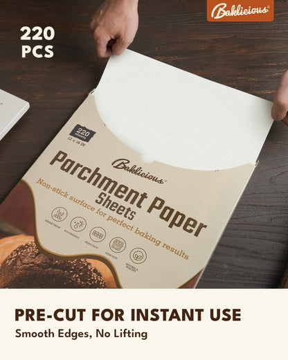Baklicious Parchment Paper Sheets - 220 Pcs Non-Stick Baking Paper for Air Fryer & Oven | 12x16 In