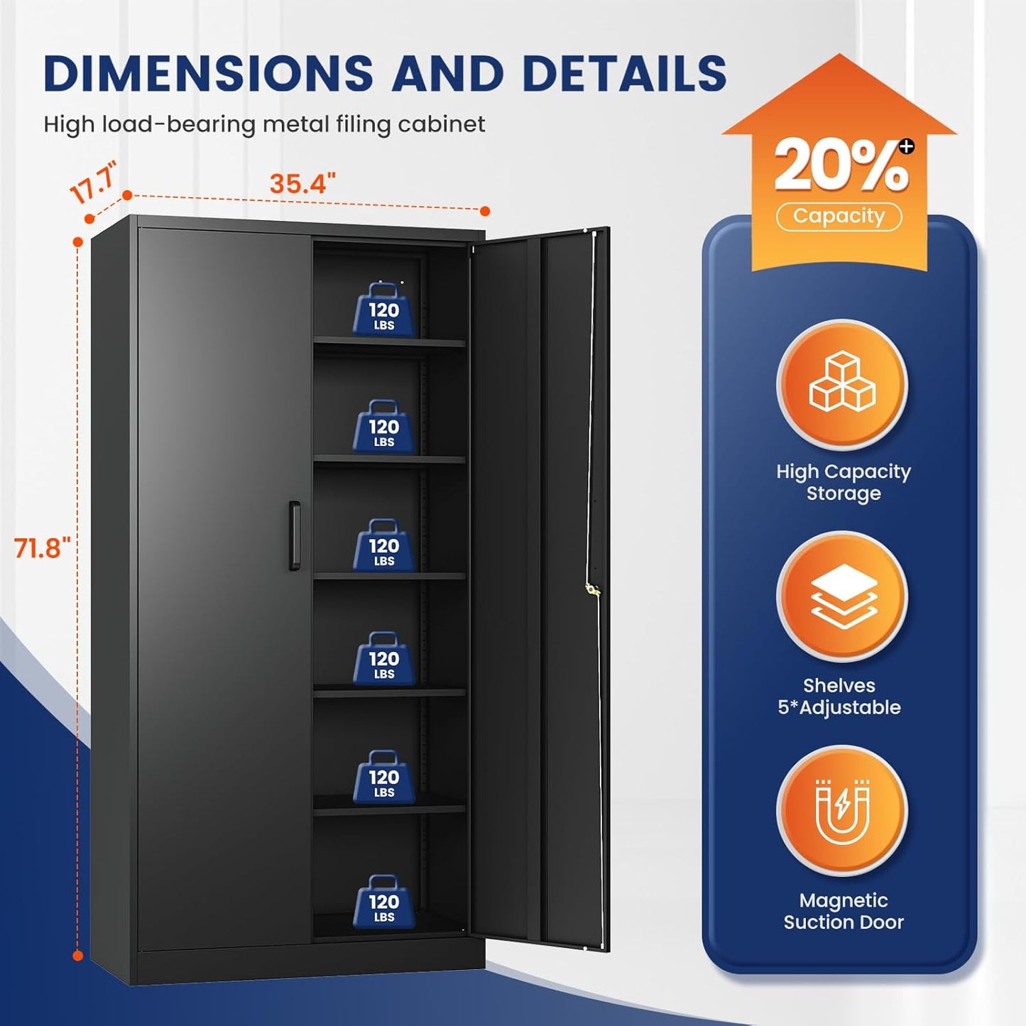 Yizosh Metal Storage Cabinet - 72" Lockable Garage Storage with 2 Doors & 5 Adjustable Shelves, Black Steel