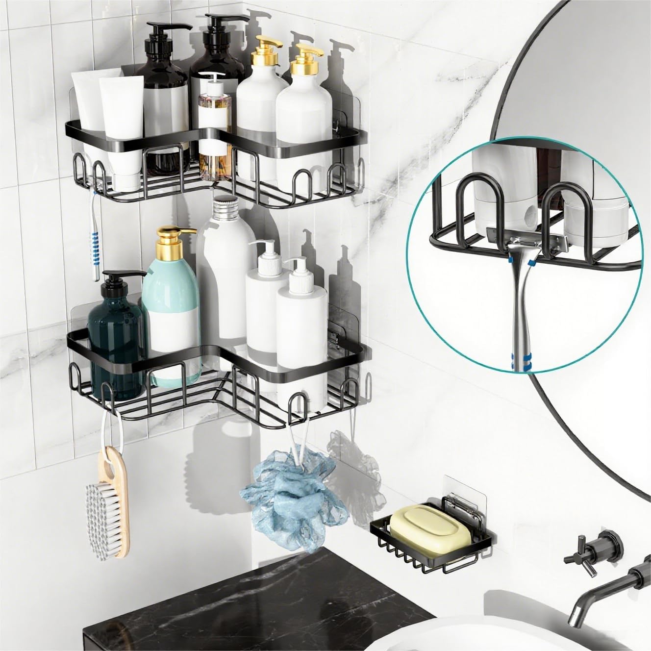 Moforoco Corner Shower Caddy - Self-Adhesive Black Organizer Shelf for Bathroom Storage | RV Essentials