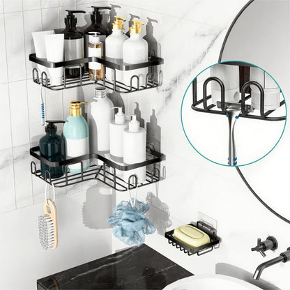 Moforoco Corner Shower Caddy - Self-Adhesive Black Organizer Shelf for Bathroom Storage | RV Essentials
