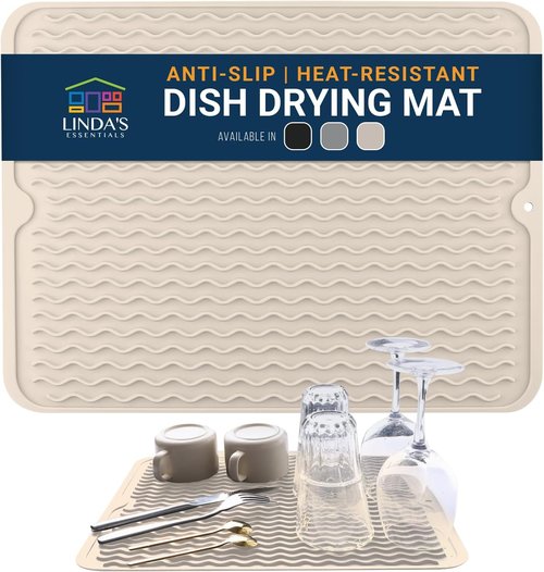 Linda’s Essentials Silicone Dish Drying Mat - Non-Slip & Heat-Resistant 16 x 12 Inch Kitchen Pad | Beige