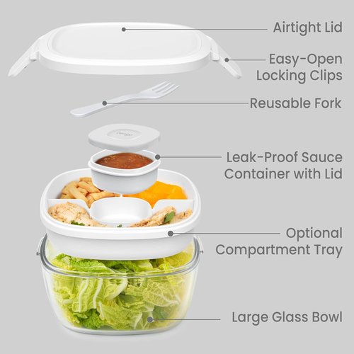 Bentgo Glass Salad Container - 7.6-Cup Leak-Proof Bowl with Airtight Lid & 4-Compartment Tray | BPA-Free, Reusable Fork (White)