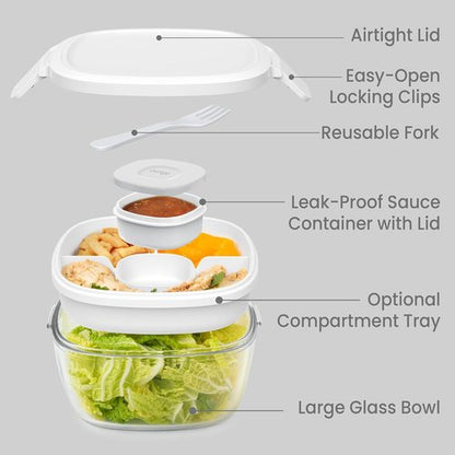 Bentgo Glass Salad Container - 7.6-Cup Leak-Proof Bowl with Airtight Lid & 4-Compartment Tray | BPA-Free, Reusable Fork (White)