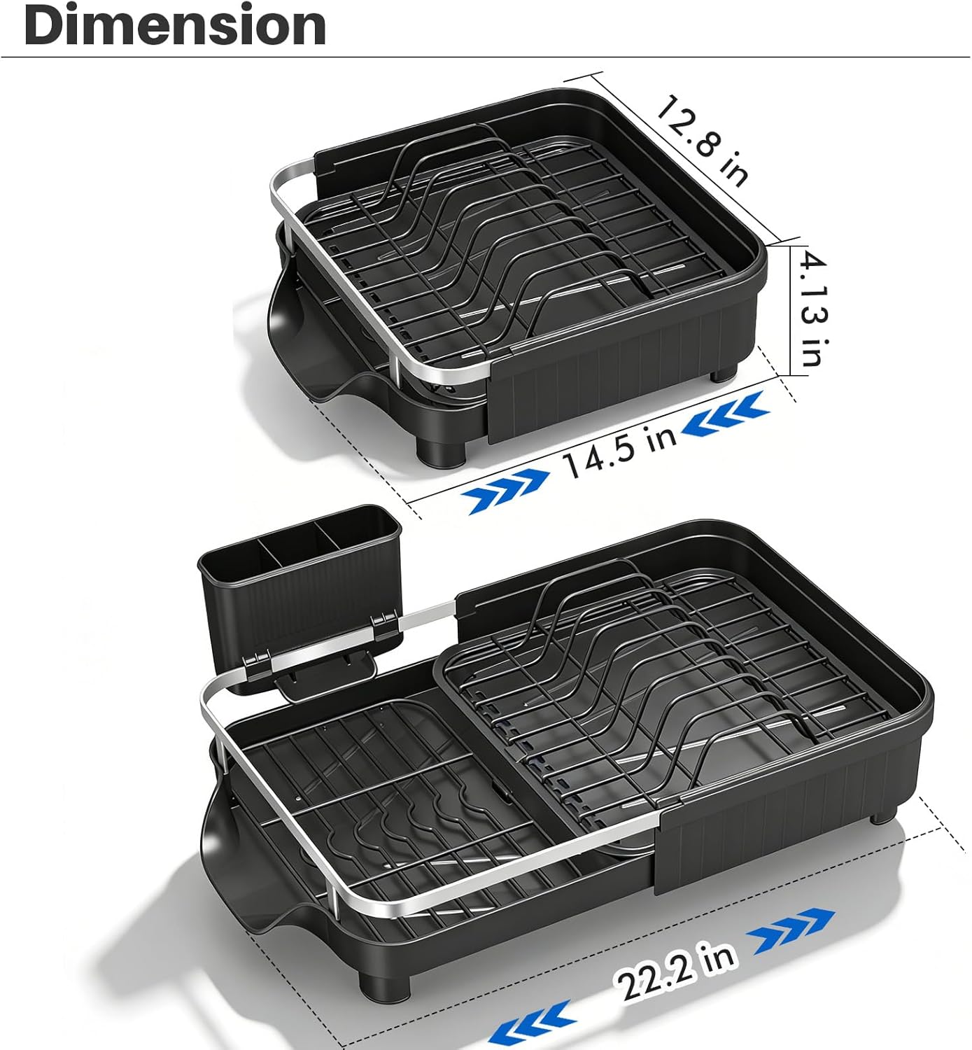 Skiennix Dish Drying Rack - Expandable Stainless Steel Drainer with Utensil Holder | Black