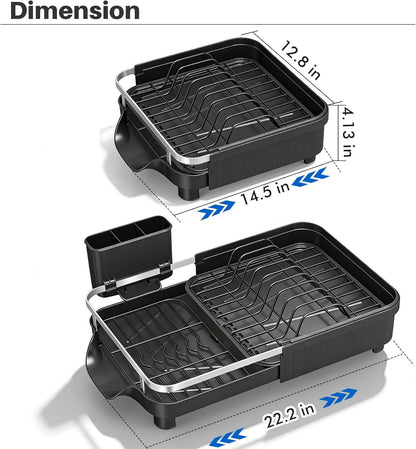 Skiennix Dish Drying Rack - Expandable Stainless Steel Drainer with Utensil Holder | Black