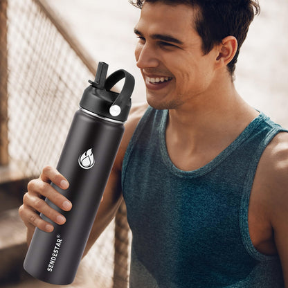 SENDESTAR Insulated Water Bottle - 24 Oz Wide Mouth with Straw & Spout Lid | Double Wall Stainless Steel, Leak Proof, Black