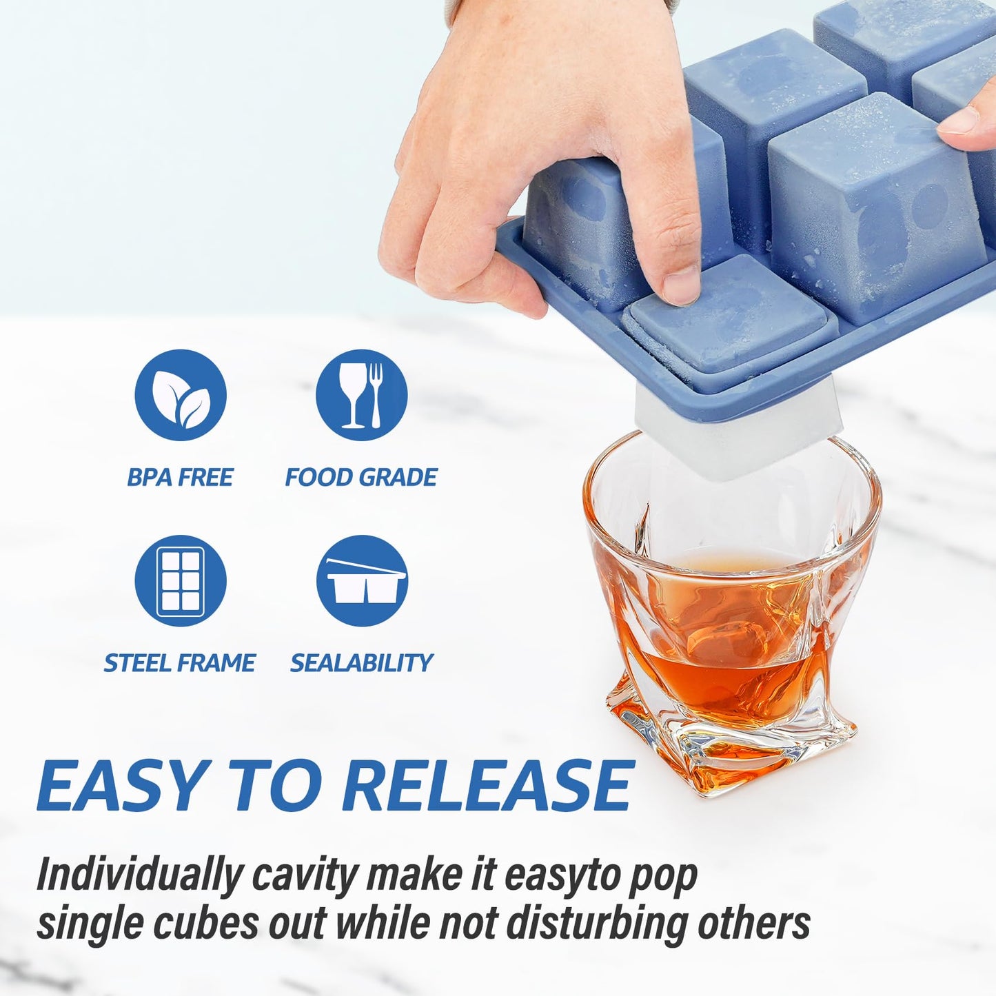 mossime Silicone Ice Cube Tray: 4pack Square Whiskey Large Ice Cube Molds - Old Fashioned Ice Cube Trays with Lid - 2inch Easy Release Big Freezer Mold for Cocktail Baby Food Soup & Juice