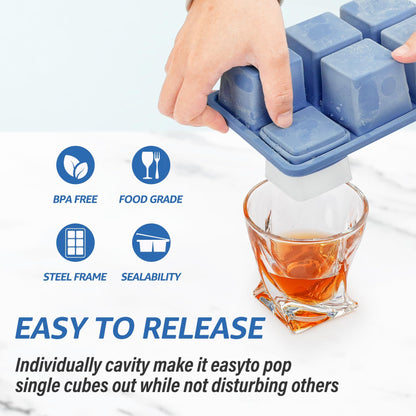 mossime Silicone Ice Cube Tray: 4pack Square Whiskey Large Ice Cube Molds - Old Fashioned Ice Cube Trays with Lid - 2inch Easy Release Big Freezer Mold for Cocktail Baby Food Soup & Juice