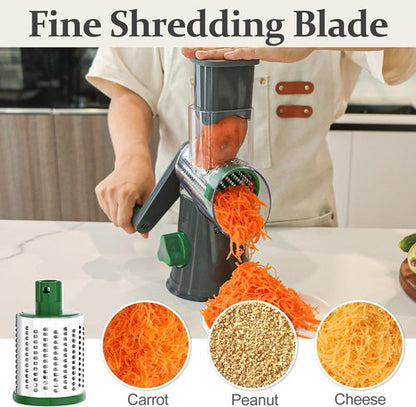 Cambom Rotary Cheese Grater - Hand Crank Shredder for Fresh Cheese & Vegetables | Non-Slip Base, 3 Blades, Grey/Green