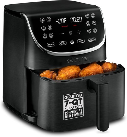 Gourmia Air Fryer - 7 Qt Capacity with LED Display & 12 One-Touch Presets | Nonstick Basket & Crisper Tray, Black