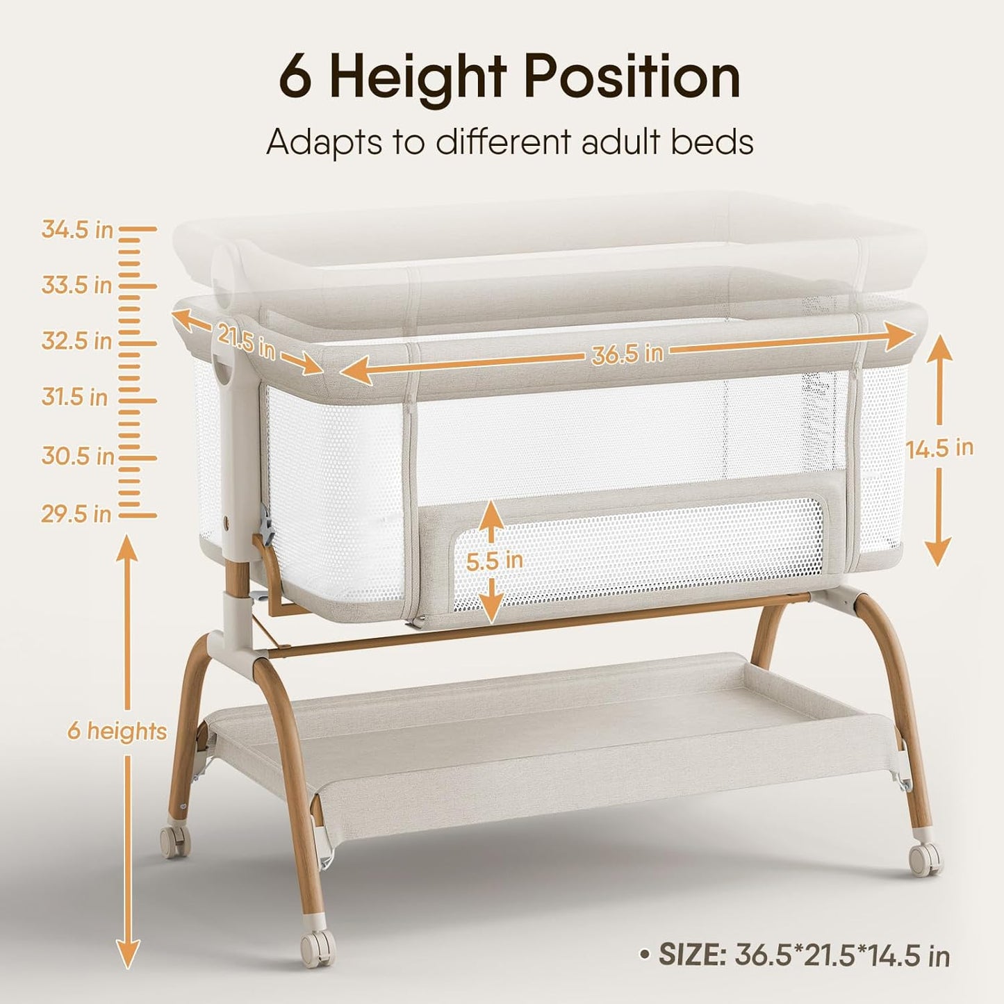Skiennix Baby Bassinet - 3-in-1 Bedside Sleeper with Mattress & Full-Mesh Sides | 6-Height Adjustable