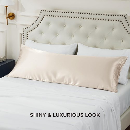 Bedsure Body Pillow Cover - 20x54 Inches Beige Satin Pillowcase for Hair & Skin Care | Cooling & Silky Design