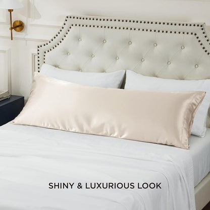 Bedsure Body Pillow Cover - 20x54 Inches Beige Satin Pillowcase for Hair & Skin Care | Cooling & Silky Design