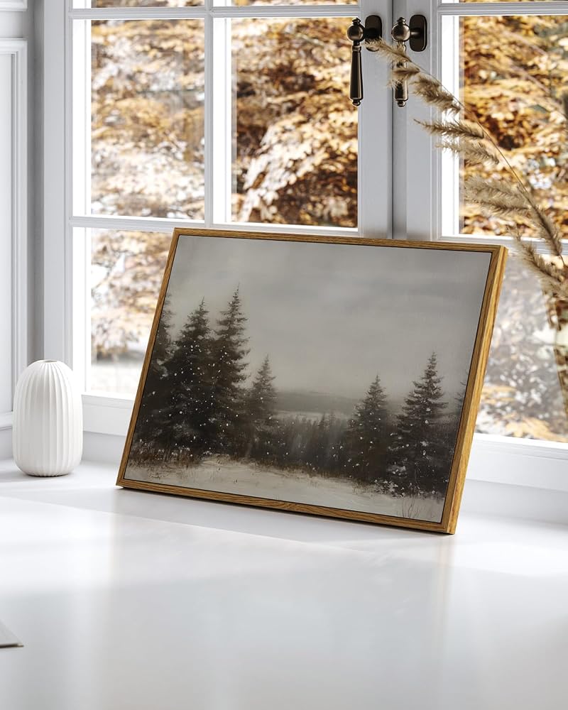 Pine Tree Forest Framed Canvas Wall Art 12x16 Inch – Winter Christmas Living Room Decor