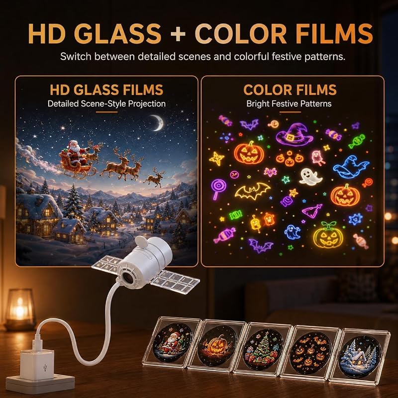 Halloween Projector Lights Indoor – Plug & Play with 14 Films, HD Glass & Color Films