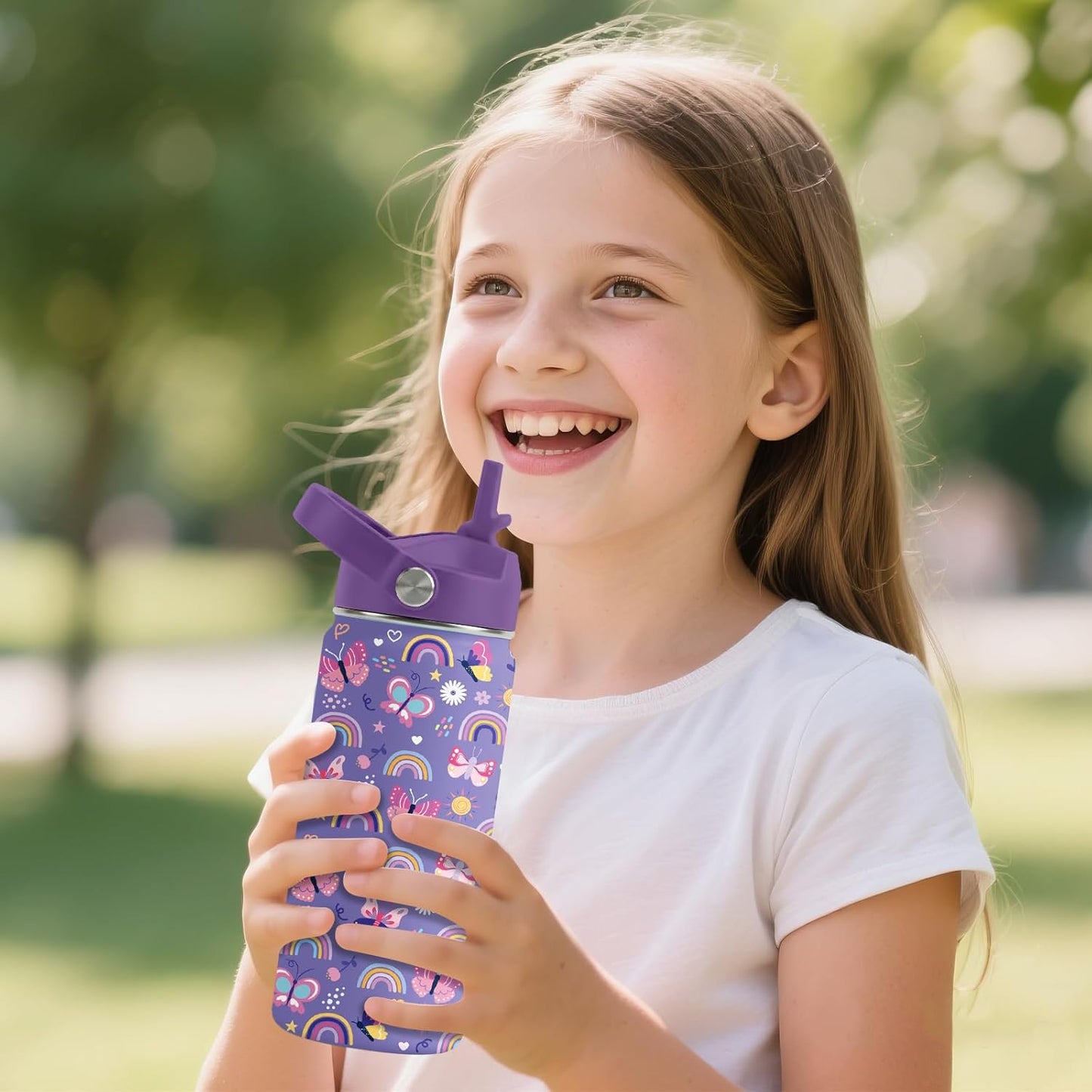 Skiennix 16oz Purple Kids Water Bottle - Stainless Steel Insulated Tumbler with Straw Lid | Leakproof & BPA-Free, Perfect for School & Travel