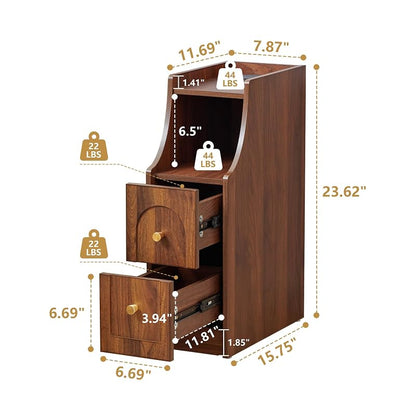 Ultra Narrow Nightstand Set of 2 with Charging Station — Walnut 2 Packs, 2 Drawers & Open Shelf