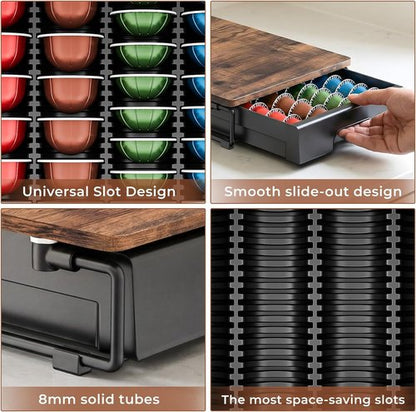 EVERIE Wooden Coffee Pod Storage Drawer - Large Capacity Organizer for Nespresso VertuoLine Capsules | Rustic Brown