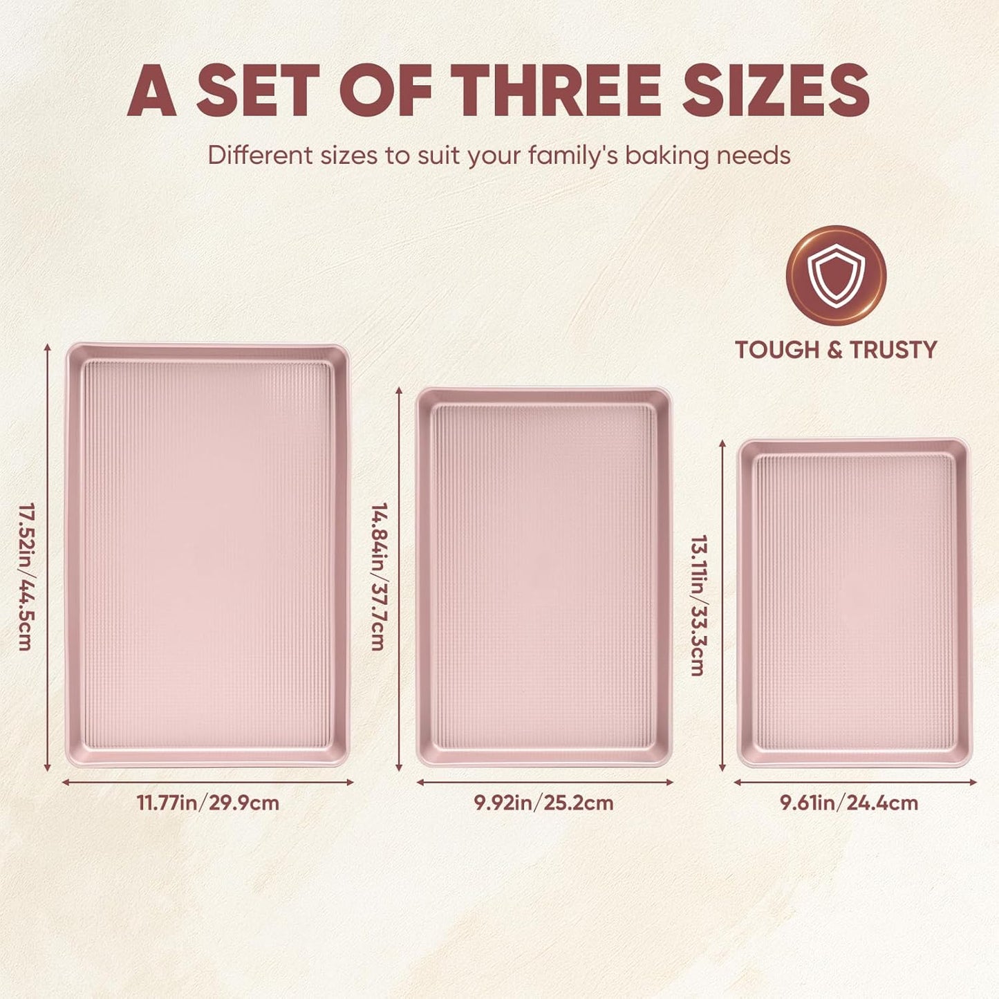 Sakerplus Nonstick Baking Sheet Pan Set - Heavy Duty Cookie Sheets, Rust-Resistant & Easy Clean | 3 Sizes in Pink