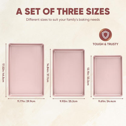 Sakerplus Nonstick Baking Sheet Pan Set - Heavy Duty Cookie Sheets, Rust-Resistant & Easy Clean | 3 Sizes in Pink