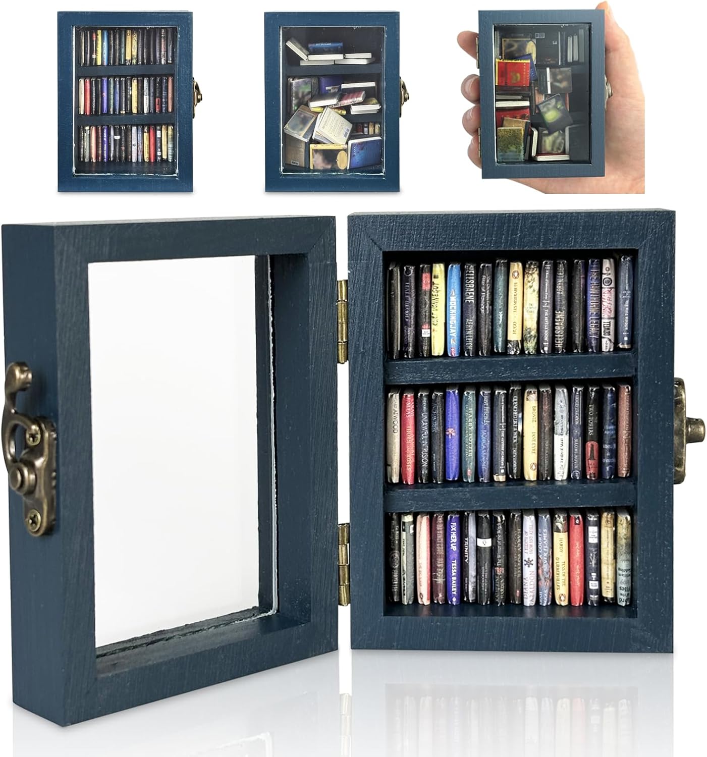 Skiennix Miniature Bookshelf Decor - Anxiety Relief Ornament with 60 Mini Books - Blue