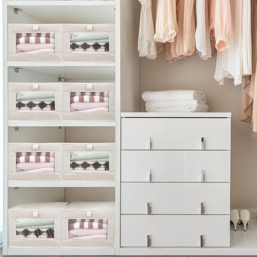 Kigley Linen Closet Organizers - 12 Pcs Foldable Storage Bins with Window for Clothes & Toys | Beige