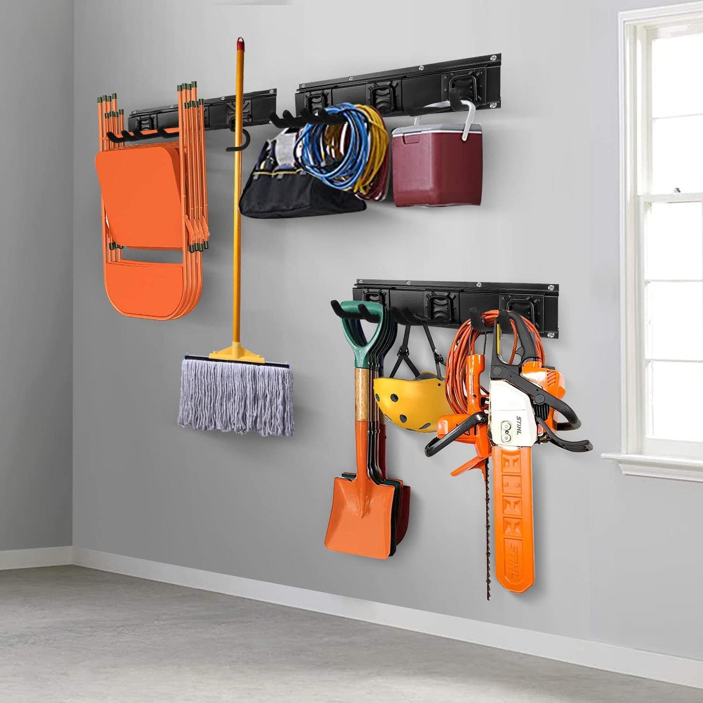 SMARTOLOGY Heavy-Duty Steel Garage Tool Storage Rack - 150 lbs Capacity | Weather-Resistant Wall Mount Organizer for Shovels & Ladders