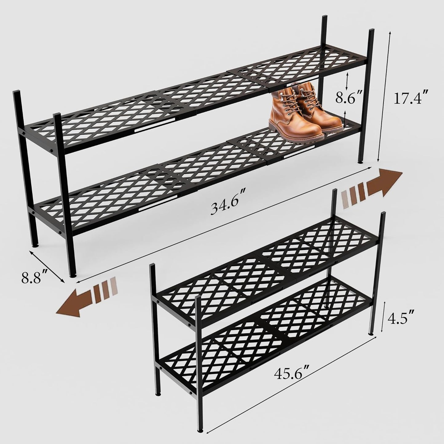 Skiennix Expandable Shoe Rack - 2-Tier Metal Organizer for 12-18 Pairs | Black, 45.6 Inches