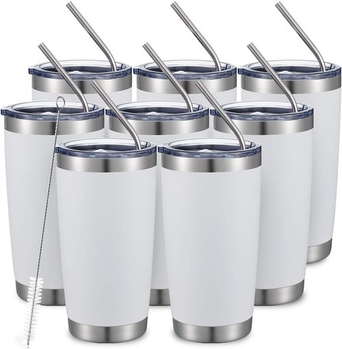 COMOOO 20oz White Double Wall Vacuum Insulated Tumblers - 8 Pack Stainless Steel Travel Mugs with Lids & Straws