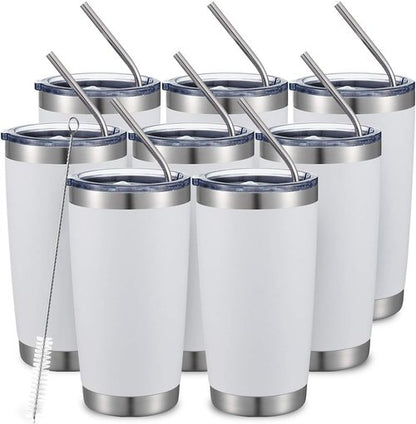 COMOOO 20oz White Double Wall Vacuum Insulated Tumblers - 8 Pack Stainless Steel Travel Mugs with Lids & Straws