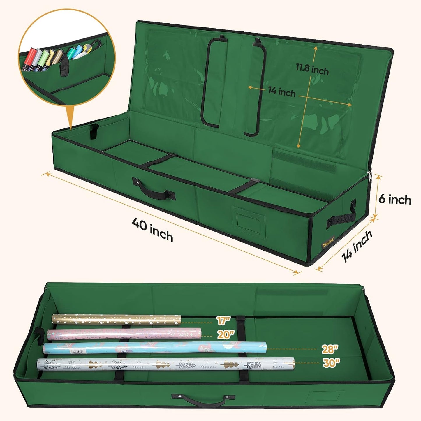 BALEINE Gift Wrap Storage Organizer - 40" Durable 600D Oxford Fabric Bag with Flexible Partitions | Green