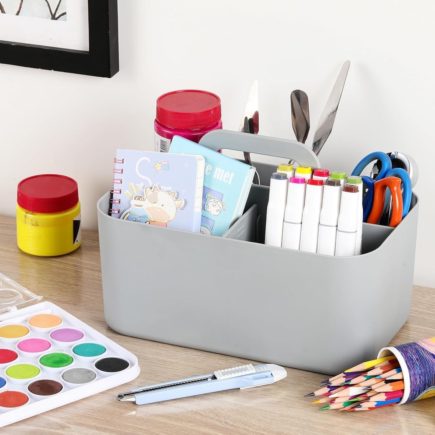 Multiuse Caddy Organizer by [Brand Name] - Portable Tote Bin for Art, Makeup & Office Supplies - Grey