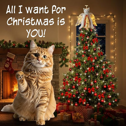 Christmas Cat Angel Tree Topper with LED Halo — White Glowing Wings