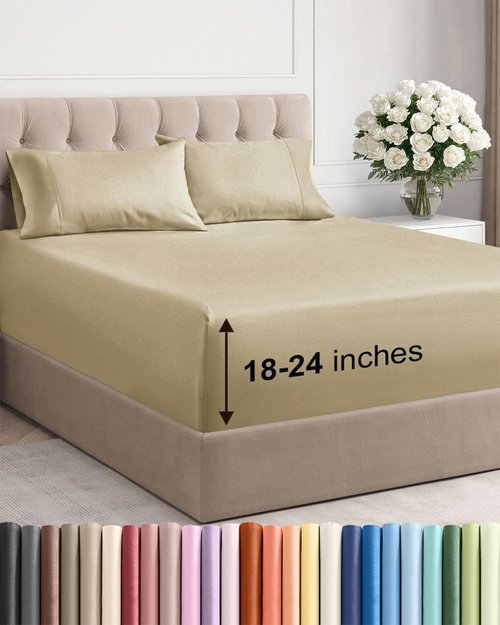 Extra Deep Twin XL Sheet Set - 4 Piece Breathable and Cooling Sheets - Hotel Luxury Bedding for Women, Men, Kids & Teens - Easy & Secure Fit - Soft, Wrinkle Free and Comfy - Extra Deep Pockets - Beige