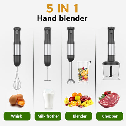 Skiennix Cordless Immersion Hand Blender - 5-in-1 Variable Speed, Rechargeable 2000mAh Battery, BPA-Free Accessories | Grey