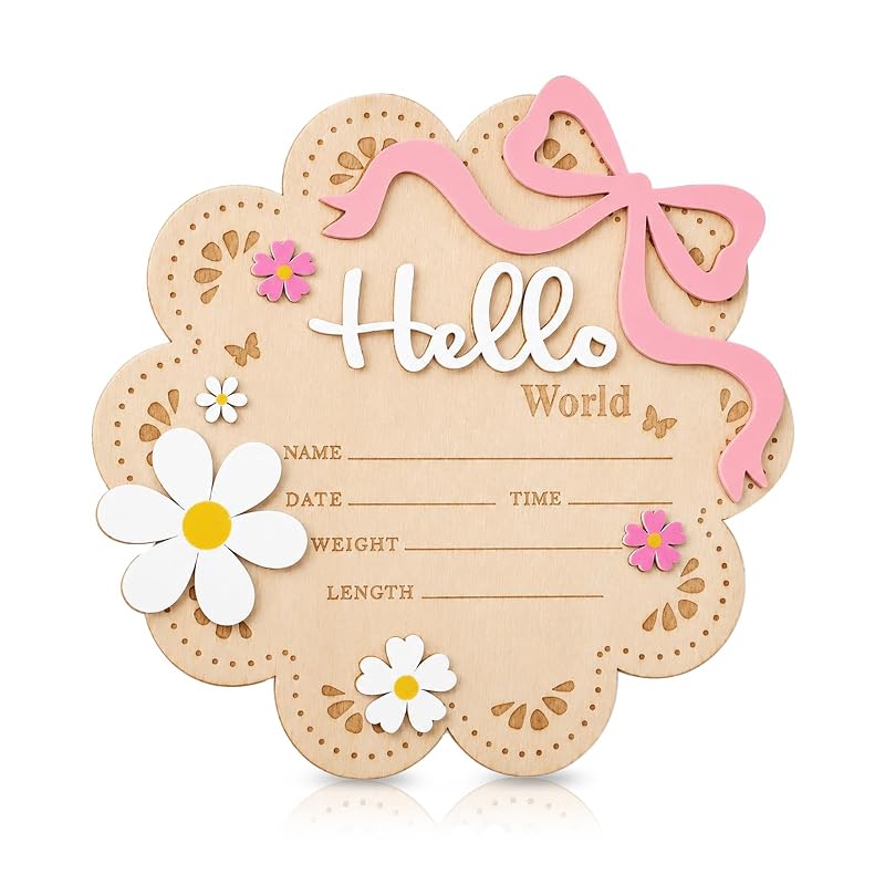 Wooden World Newborn Sign with Pink Bow – 6 Inch Baby Announcement Cloud Plaque