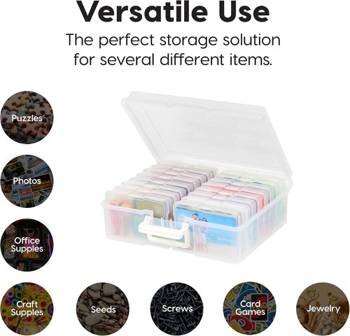 IRIS USA Photo Organizers - 4" x 6" Storage Box with Handle & 16 Inner Cases for Easy Organization - Clear