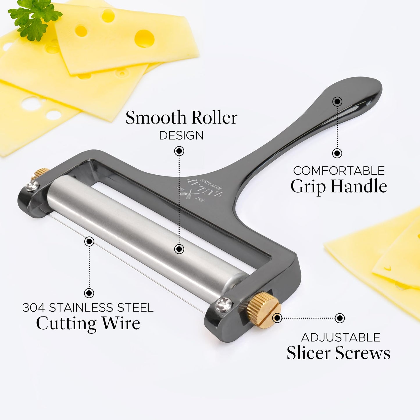 Zulay Kitchen Stainless Steel Wire Cheese Slicer - Adjustable Hand Held Cheese Cutter with 2 Extra Wires - Premium Cheese Shaver For Mozzarella, Cheddar, Gruyere - Cheese Cutter with Wire (Gunmetal)