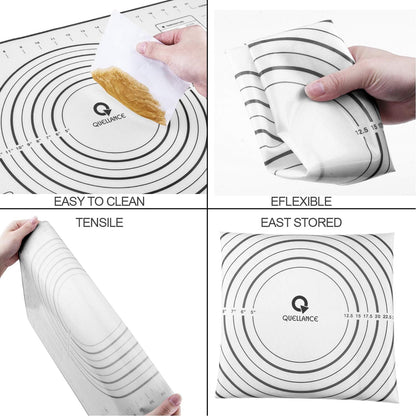 QUELLANCE Wood Rolling Pin - Beech Wood Dough Roller with Silicone Baking Mat for Pizza, Pastries & Cookies