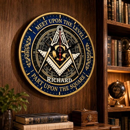 Personalized Masonic Wall Clock - Meet Upon The Level, Custom Name