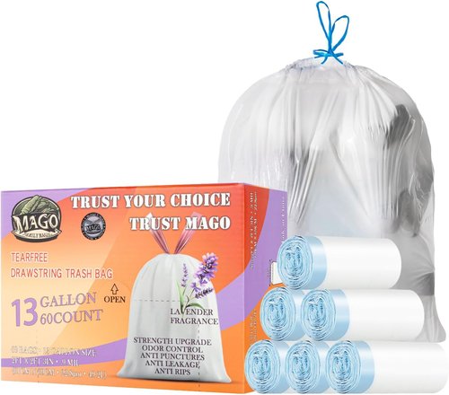 MAGO Family Magic 13 Gallon Trash Bags - Lavender Scented, Leak-Proof & Tear-Free | 60 Count
