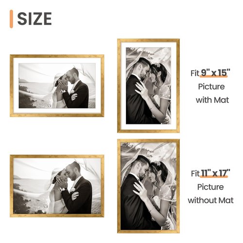 upsimples 11x17 Picture Frame, Display Pictures 9x15 with Mat or 11 x 17 Without, Wall Hanging Poster Frames, Bronze, 1 Pack