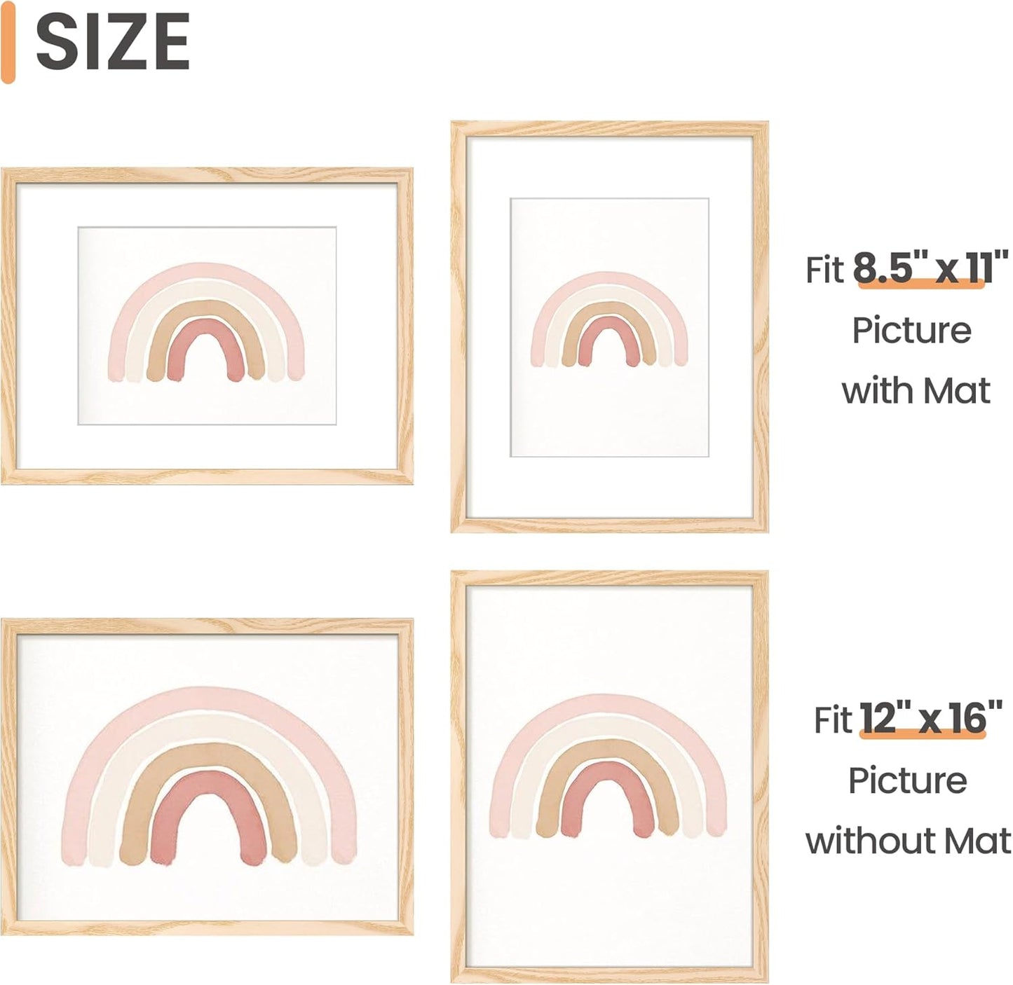 Upsimples 12x16 Picture Frame Set of 5 - Display 8.5x11 Photos with Mat or 12x16 Without | Natural Wood Finish
